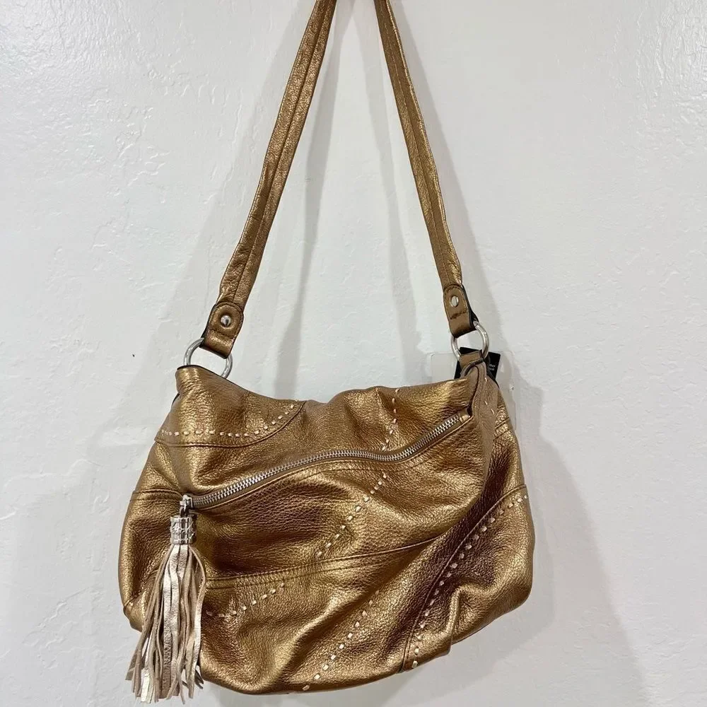 NWT B Makowski Gold Leather Hobo Bag